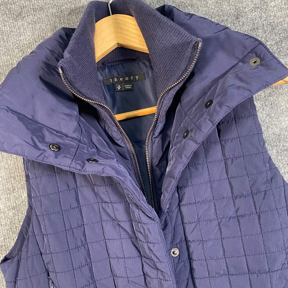 Theory Cairspin Q Quilted Down Puffer Vest Womens Small Navy Blue Full Zip Snap